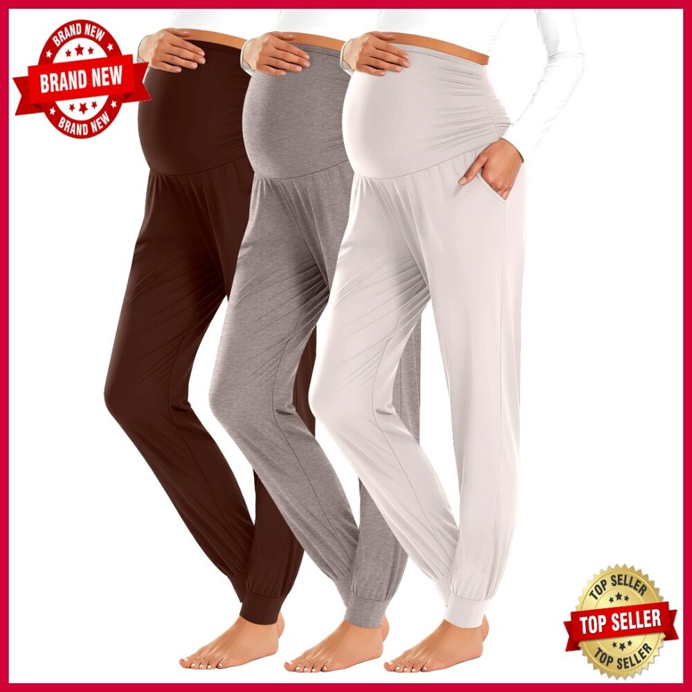 Maternity Joggers Over Belly Sweatpants Stretchy Pregnancy Lounge Pants 3 Pack